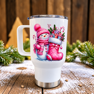 Cestovní termohrnek „Růžový sněhuláček s vánoční punčochou“ – 450 ml